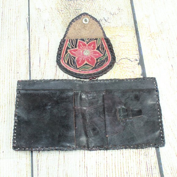 Lot of 3 Vintage Floral Print Handcrafted Sheepskin Leather Wallet Change Purse - Picture 12 of 15